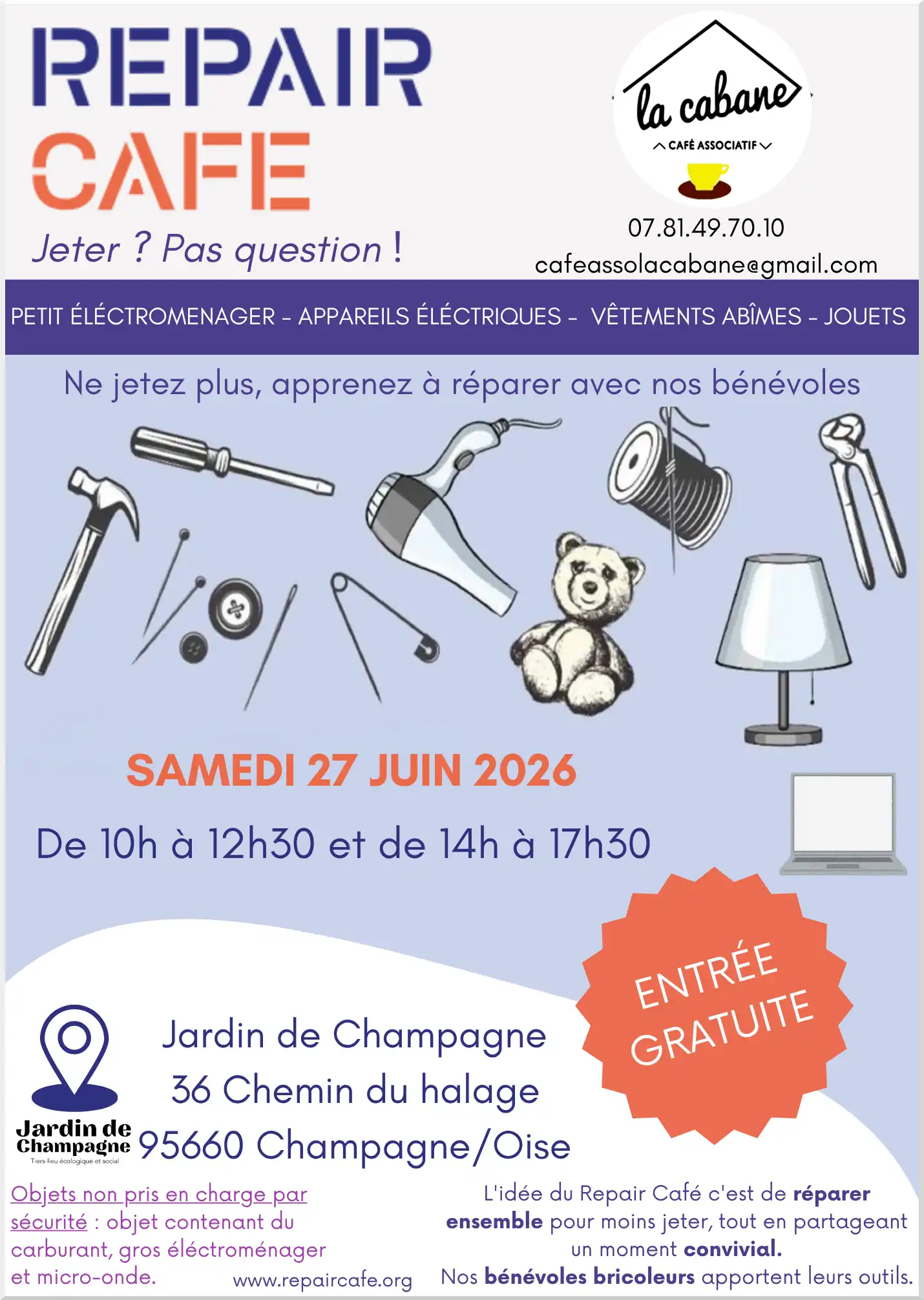 Affiche Repair Café La Cabane Champagne-sur-Oise 27 juin 2026