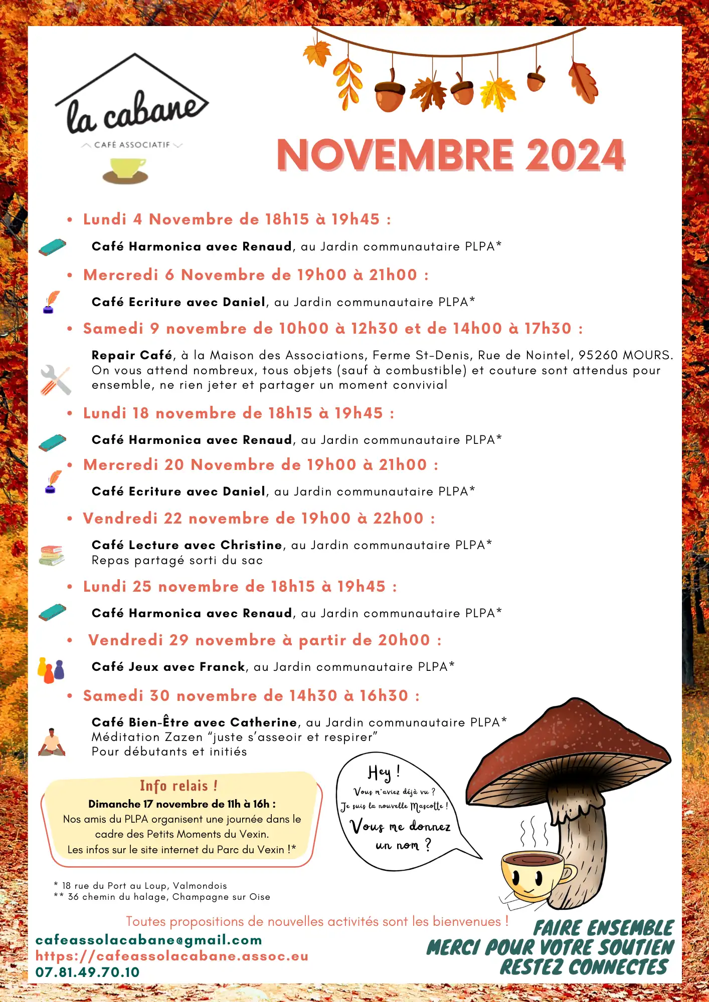 Programme de Novembre 2024 lacabane à Champagne-sur-Oise