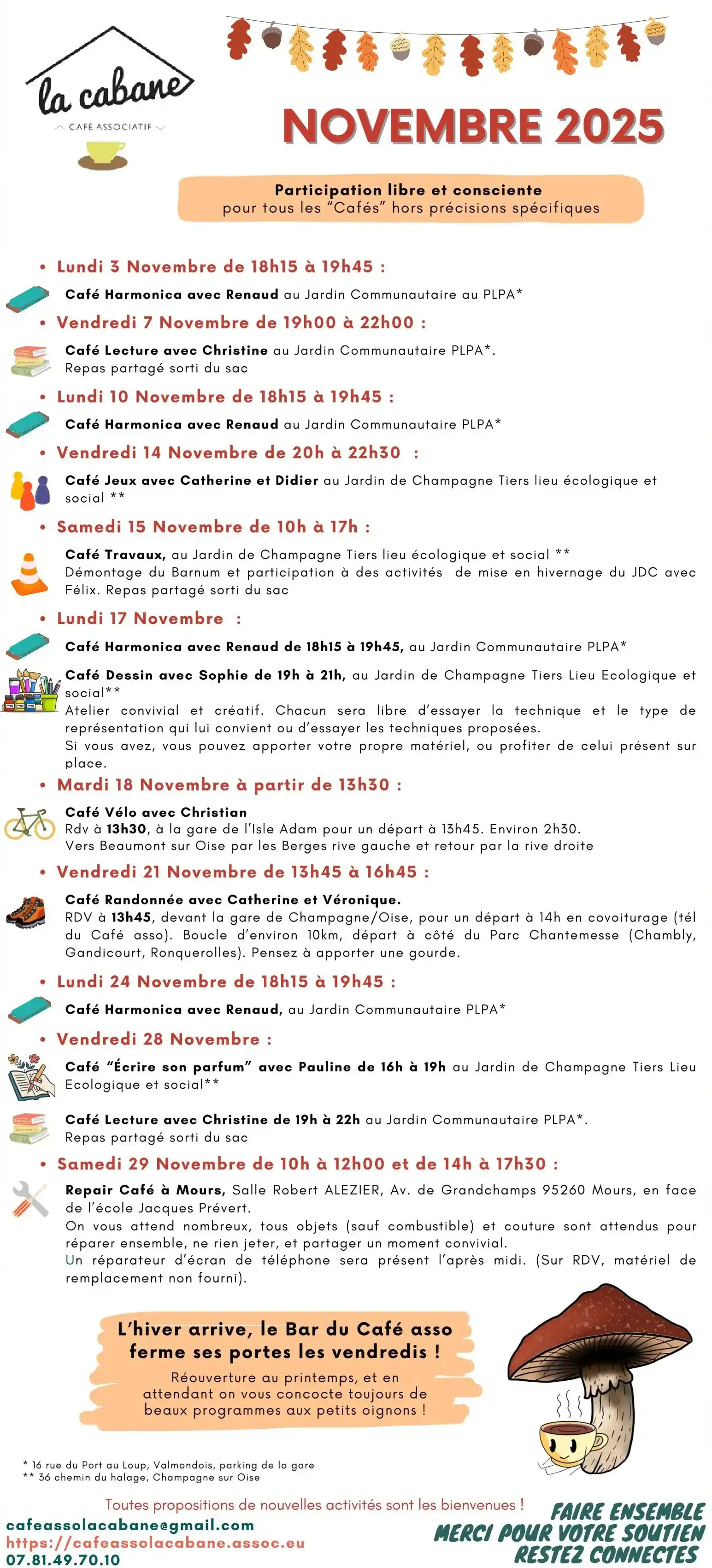 Programme novembre 2025 du café asso lacabane